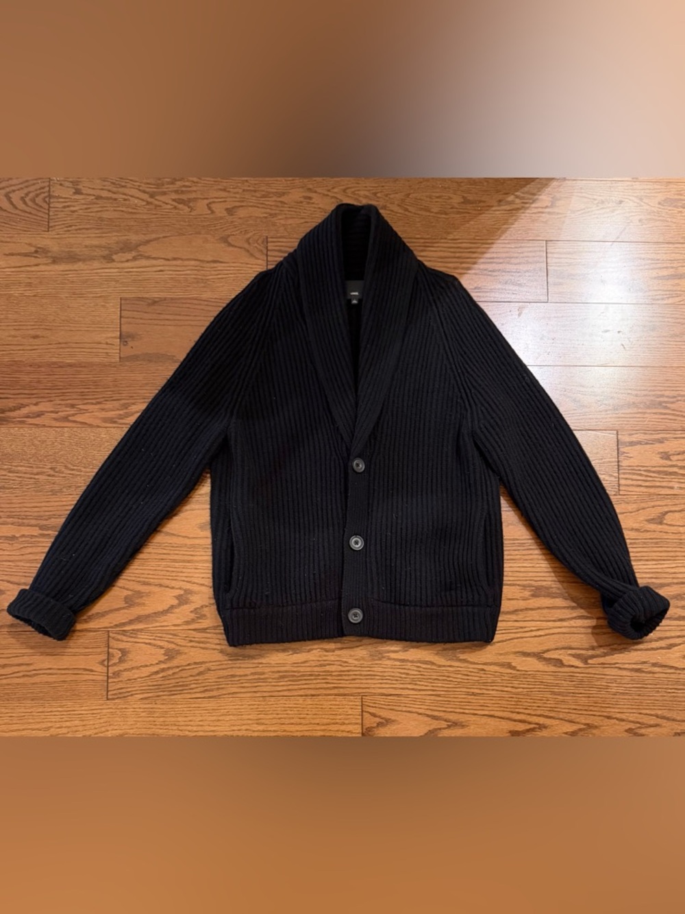 Vince Black Ribbed Heavy Shawl-Collar Wool Blend Cardigan